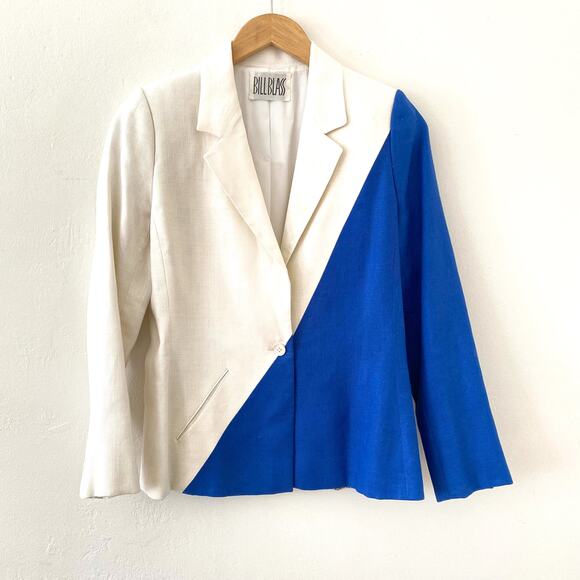 Vintage Bill Blass 2 PC Skirt Suit Blazer Color Block White Blue Women's Size 8 - Picture 4 of 9